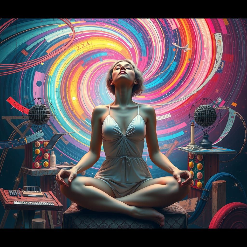 Contemplative Woman in Colorful, Surreal Vortex