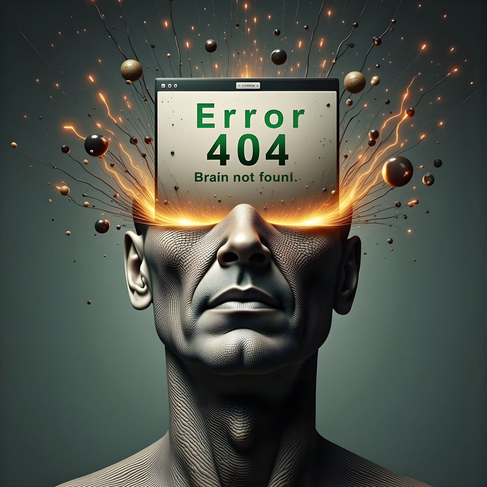 A Man's Head Opens to Reveal a Digital Error Message in a Hu...