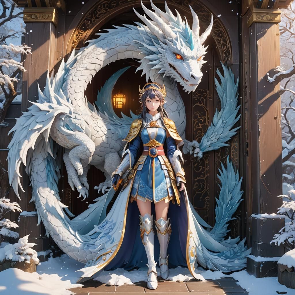 Anime Queen and Dragon at Icy Door