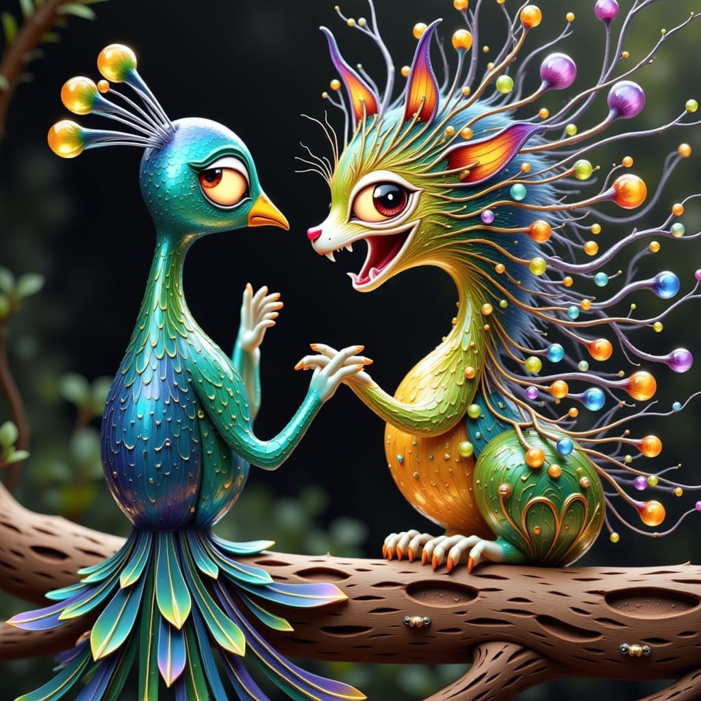 Iridescent Peacock Teases Glass Cat in Anime Style