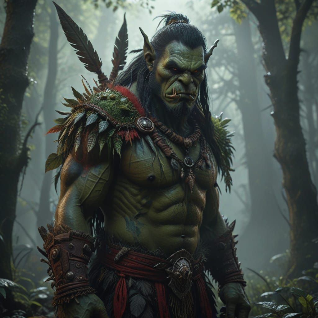 Ethereal Green Orc Shaman in Ancient Forest