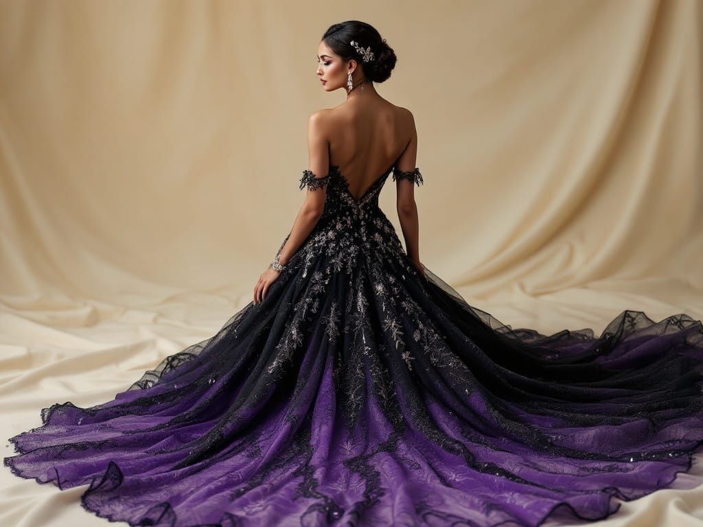 Glamorous Woman in Black and Purple Wedding Gown with Train ...