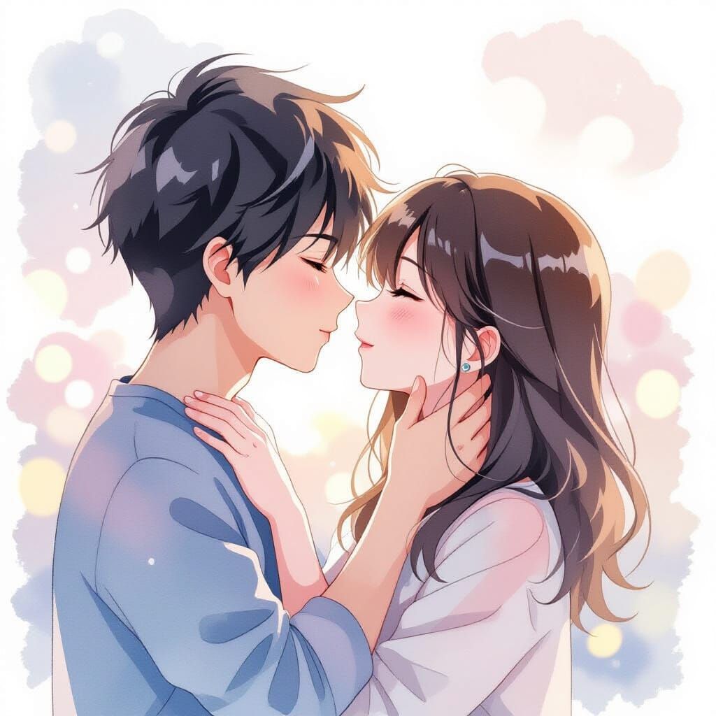 Anime Boy Kisses Girl in Watercolor Style