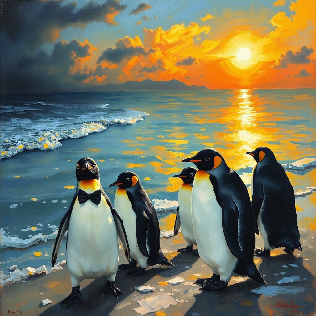 Penguins by the Sea in Expressionist Style