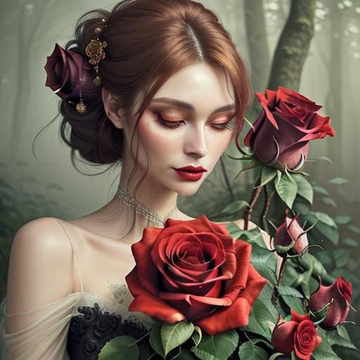 Woman with Rose in Misty Forest, Soft Oil Painting