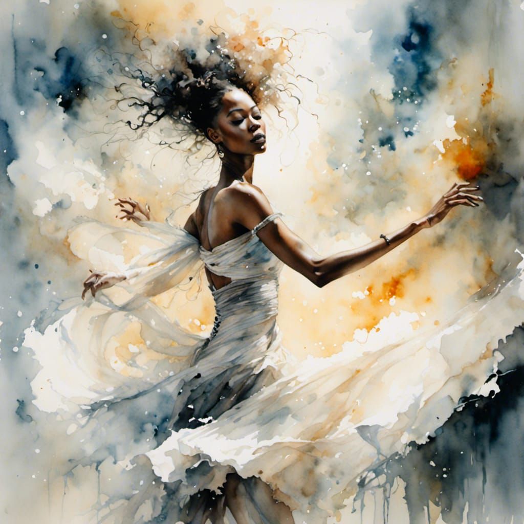 An ethereal woman dances in white.