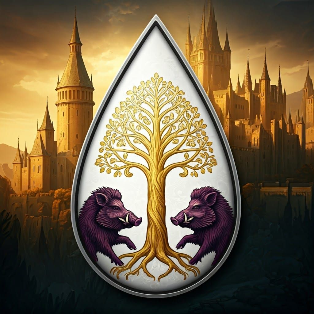 Regal Teardrop Shield with Golden Tree and Purple Boars, Set...