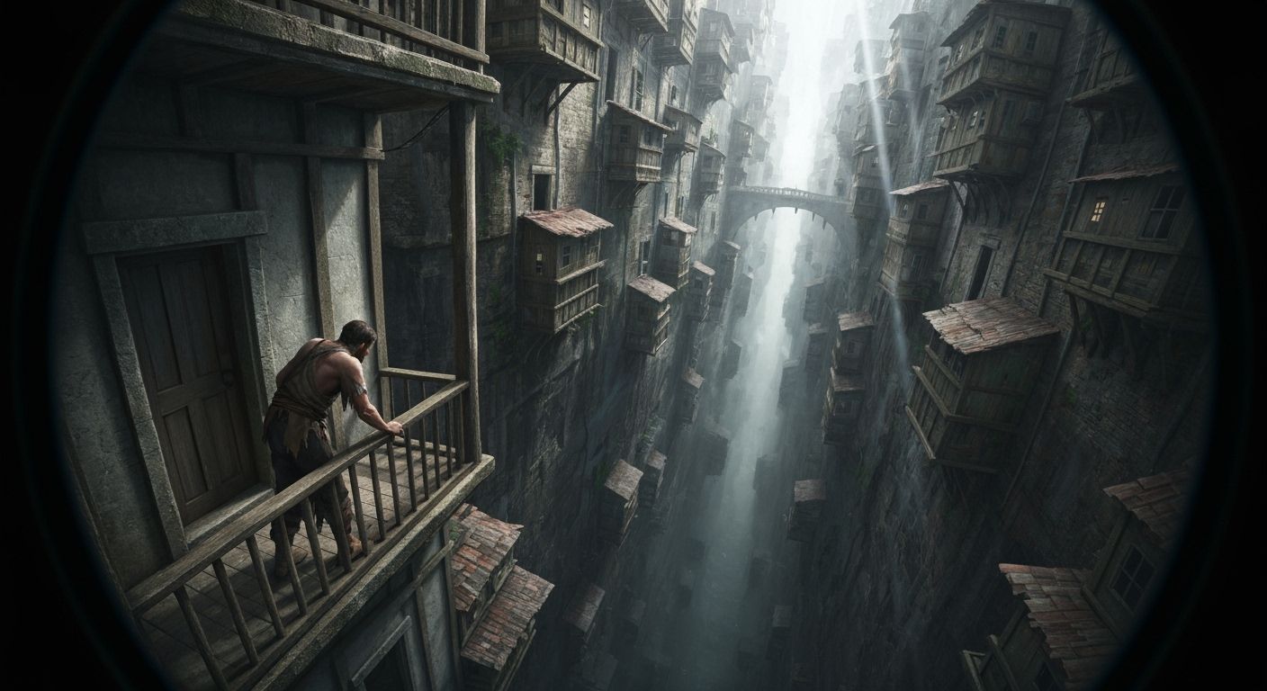 Endless Chasm City with Man in Despair