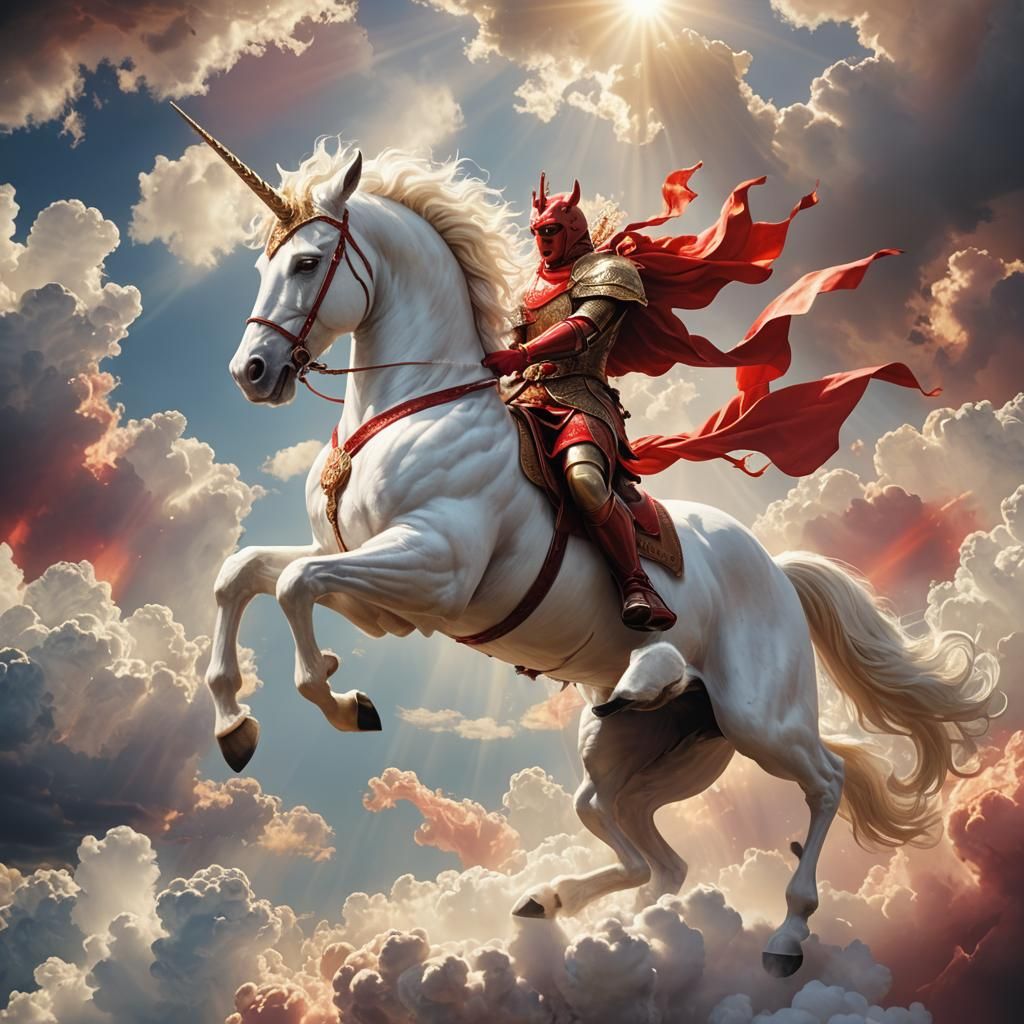 Red Devil Rides White Unicorn in Divine Light
