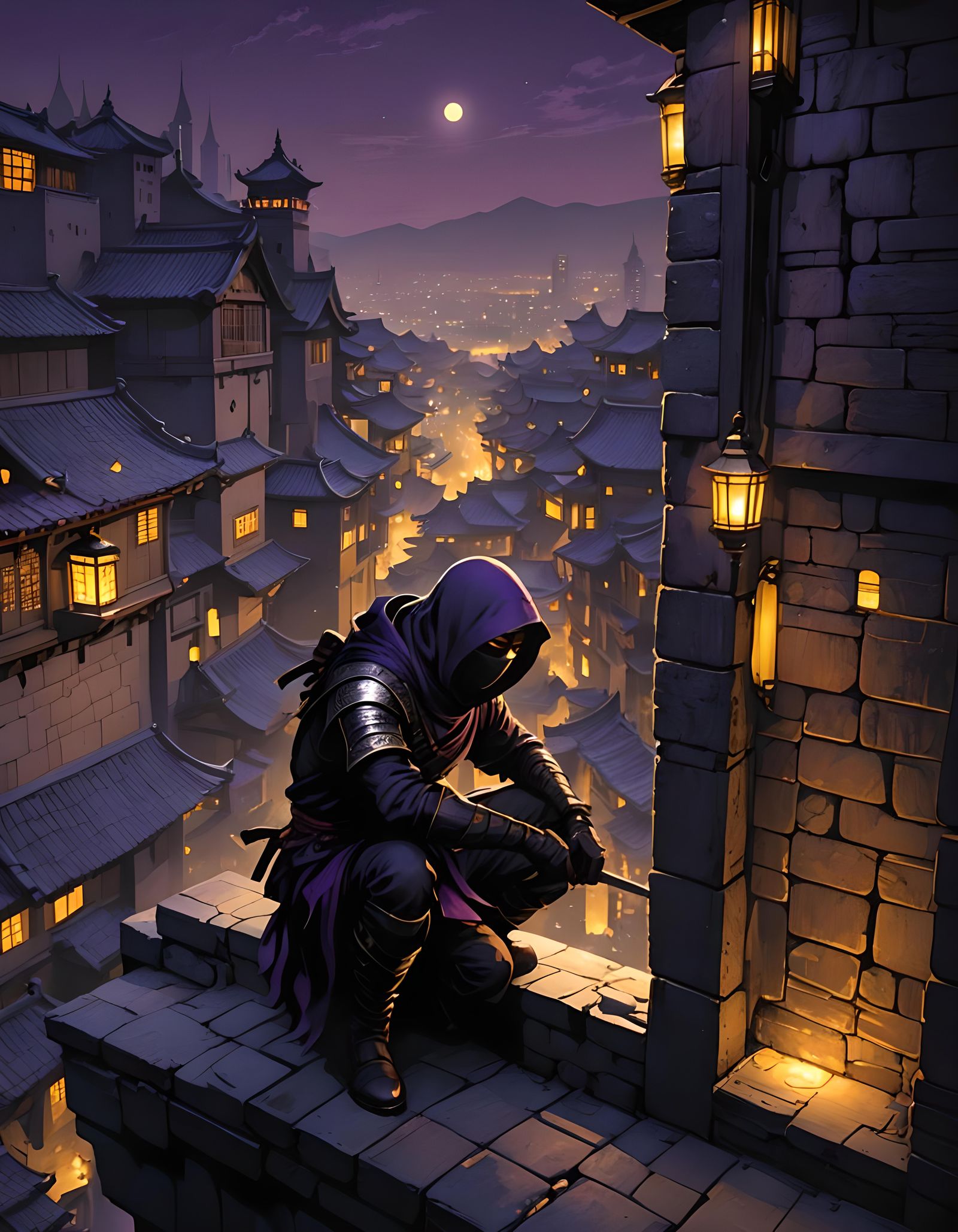 Ninja on Ledge at Night: Dark Fantasy Concept Art