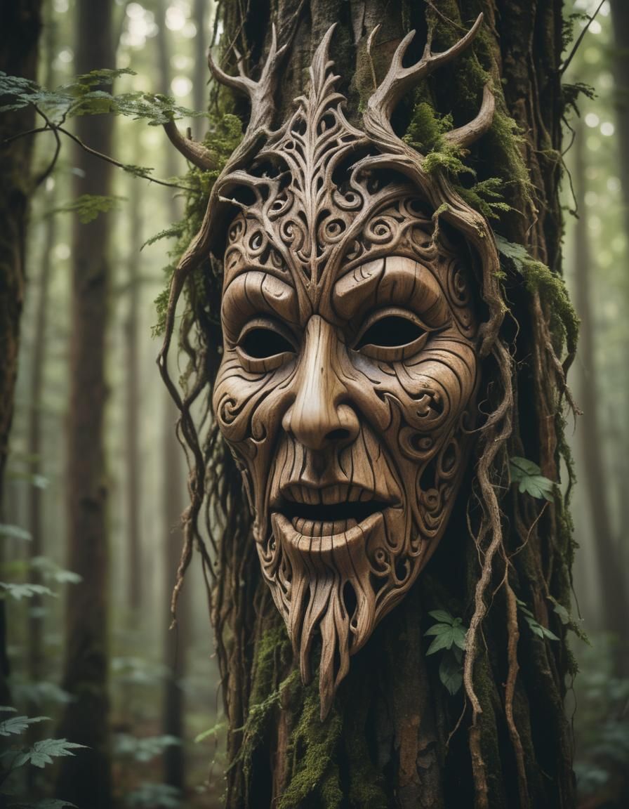 Detailed Wooden Hag Mask in Forest, Dramatic Lighting