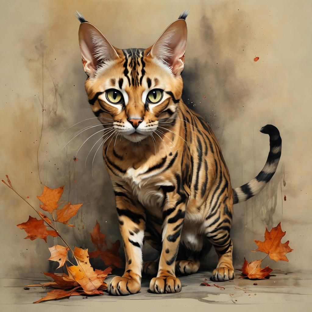 Bengal Cat in Autumn, Dark Fantasy Style