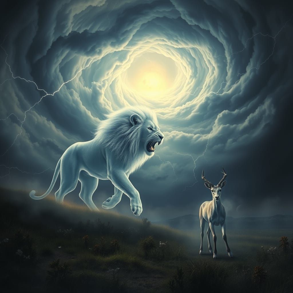 Ethereal Lion Hunting Gazelle in Stormy Sky