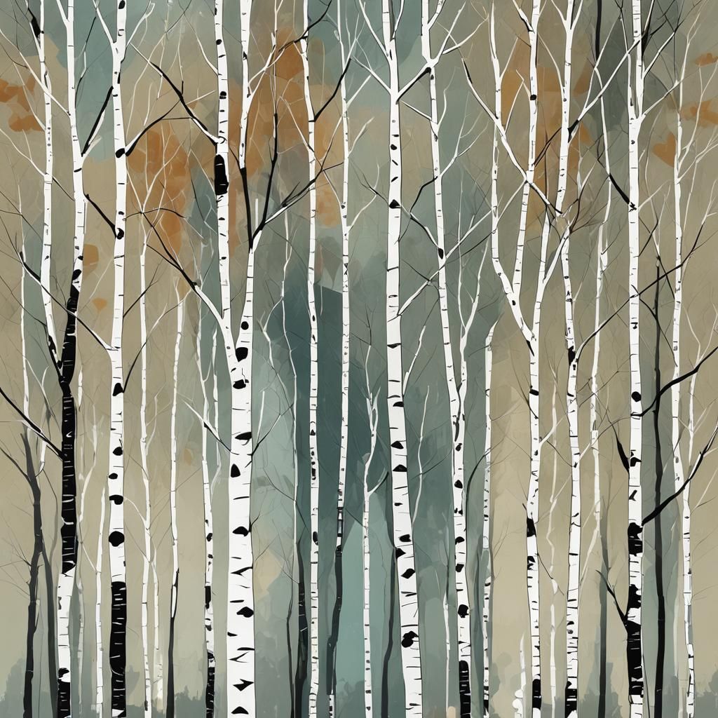 Minimalist Birch Tree Landscape in Geometric Abstraction