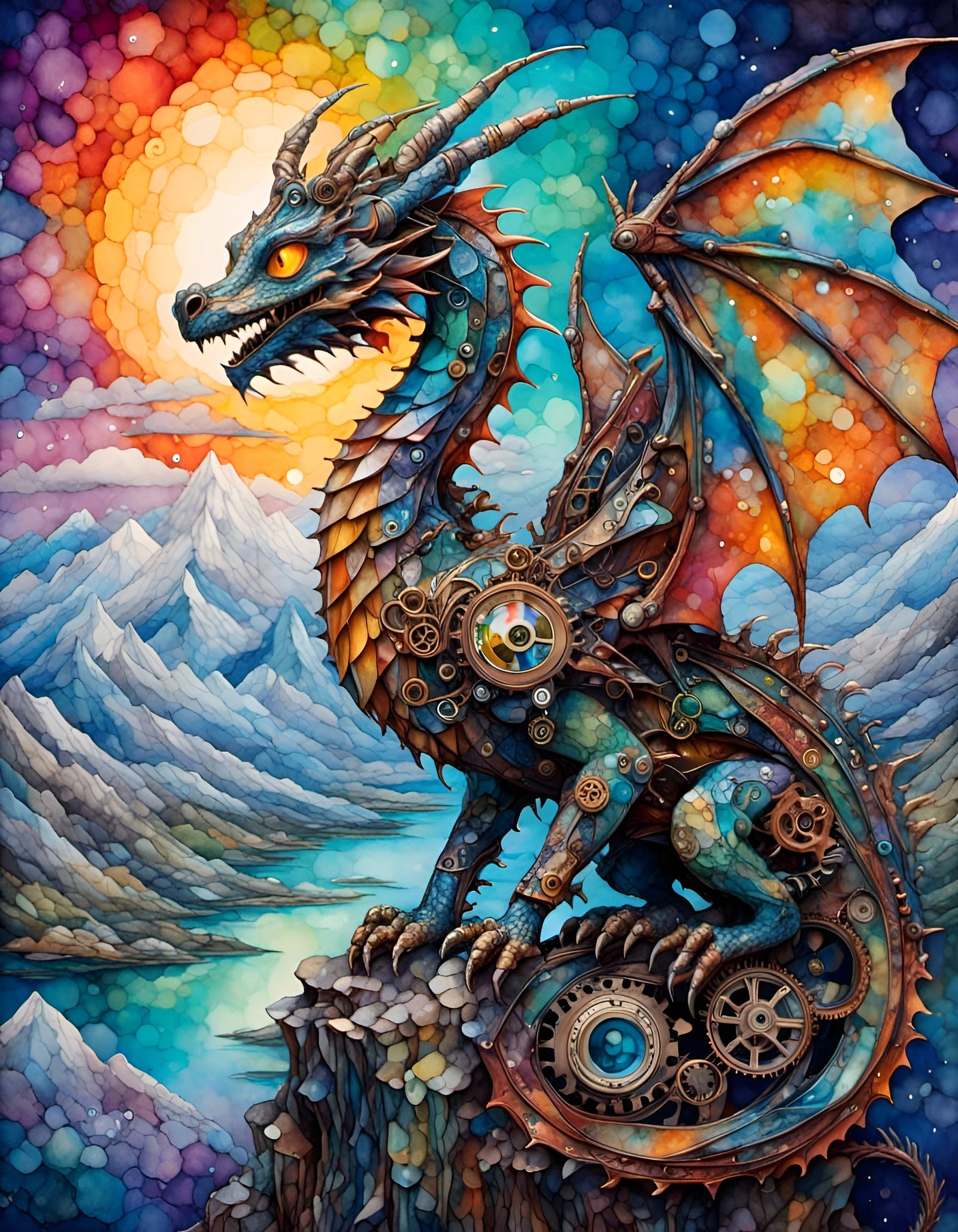 Steampunk Dragon Illustration in Alcohol Ink Style