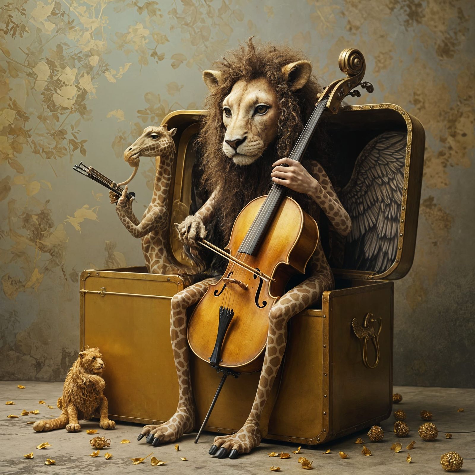 Mythical Creature Plays Cello in Golden Metal Box