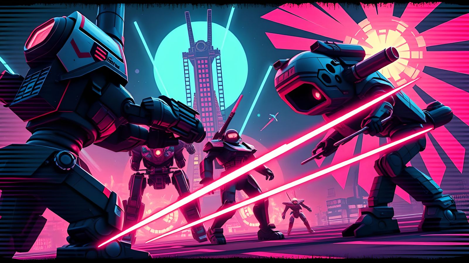 Glitch Art Mecha Battle in 8-bit Style