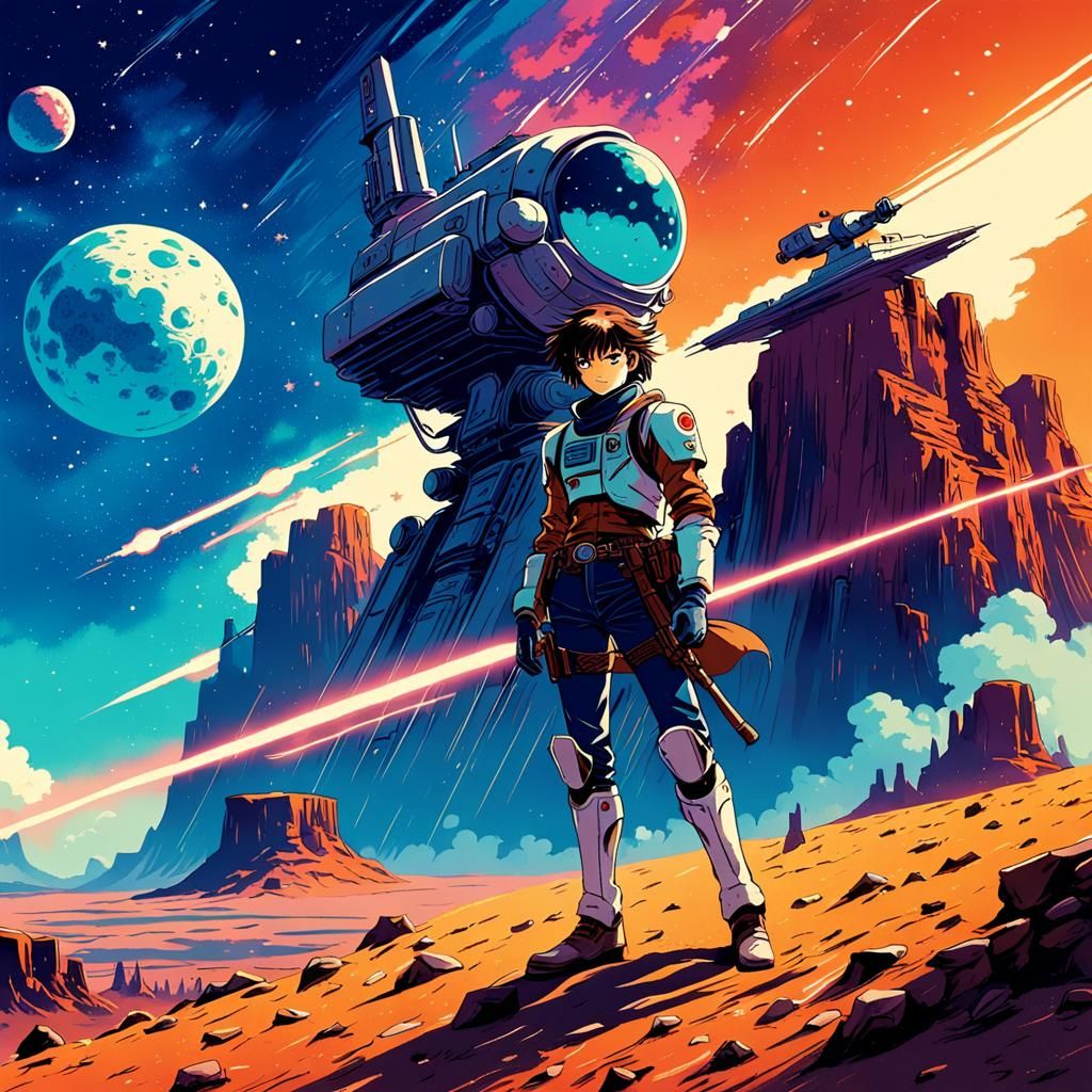 Stylized Space Western in 1990s Anime Style