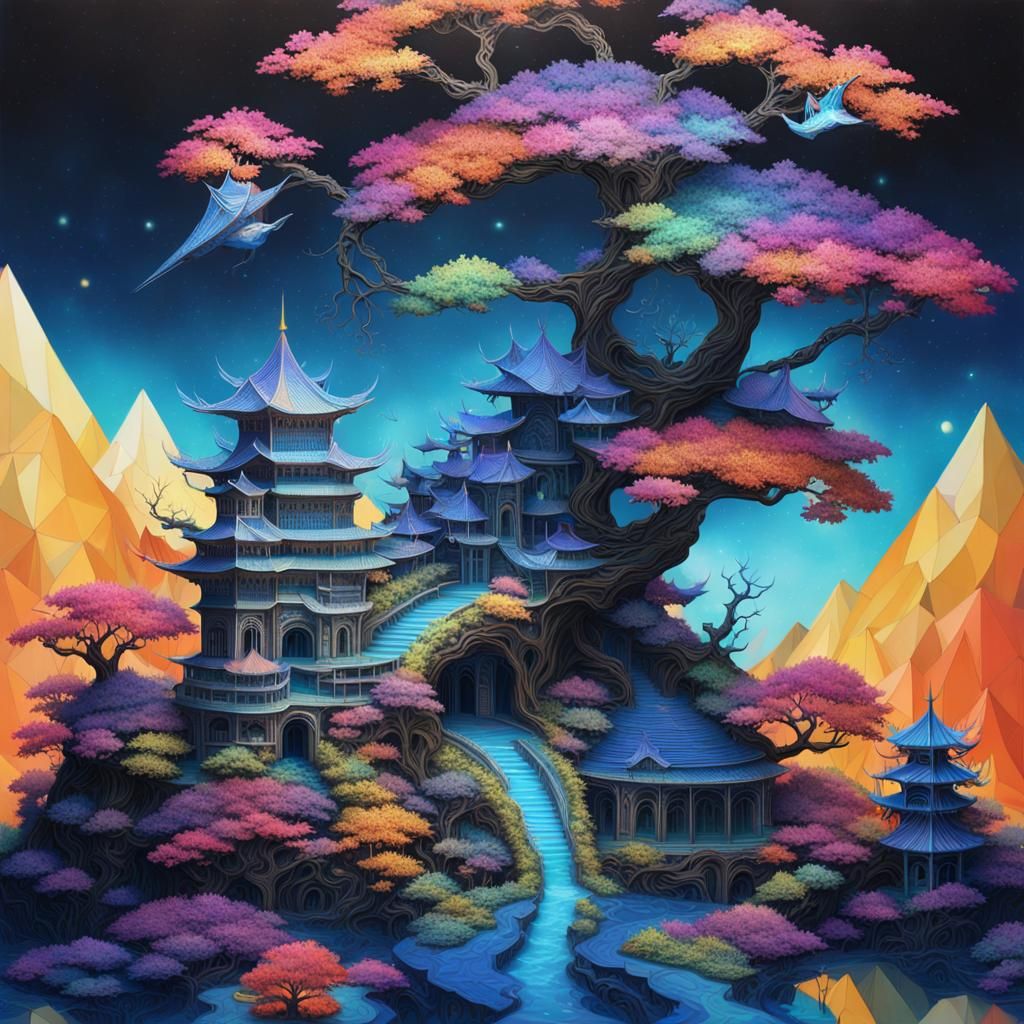 fractal Chinese landscape Moonlight reflections swirling