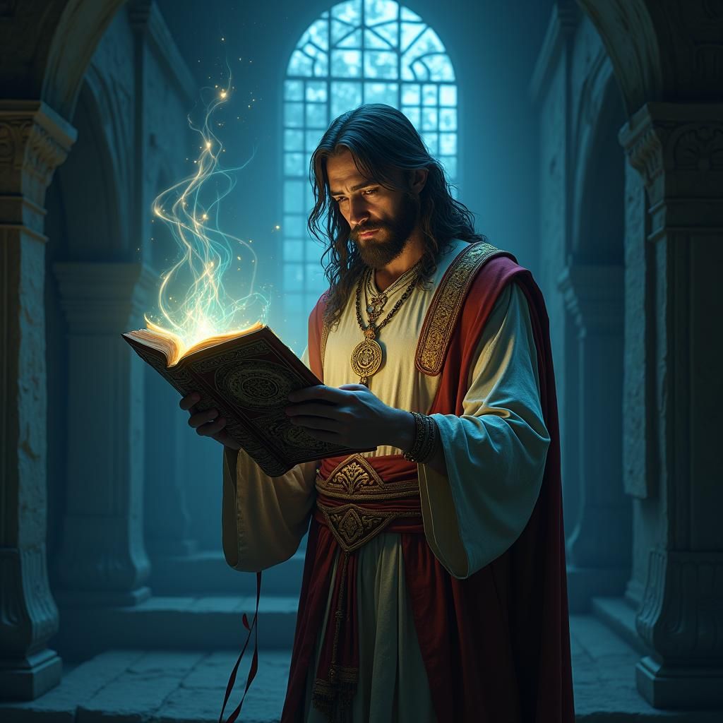 Jesus in Mystical House with Glowing Tome