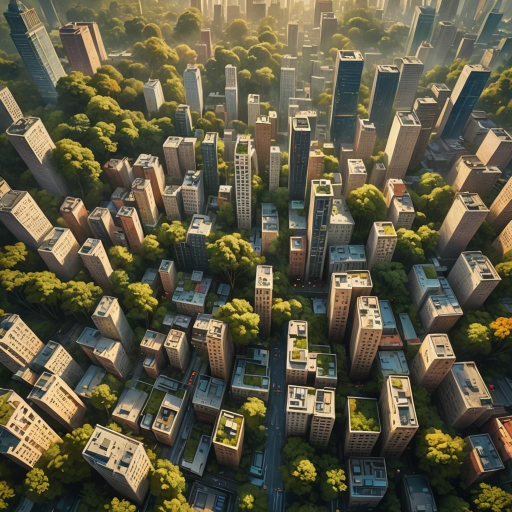 Vibrant Forest Cityscape in Impressionistic Style