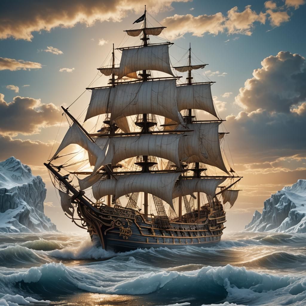 Icy Seascape Pirate Ship in Matte Painting Style