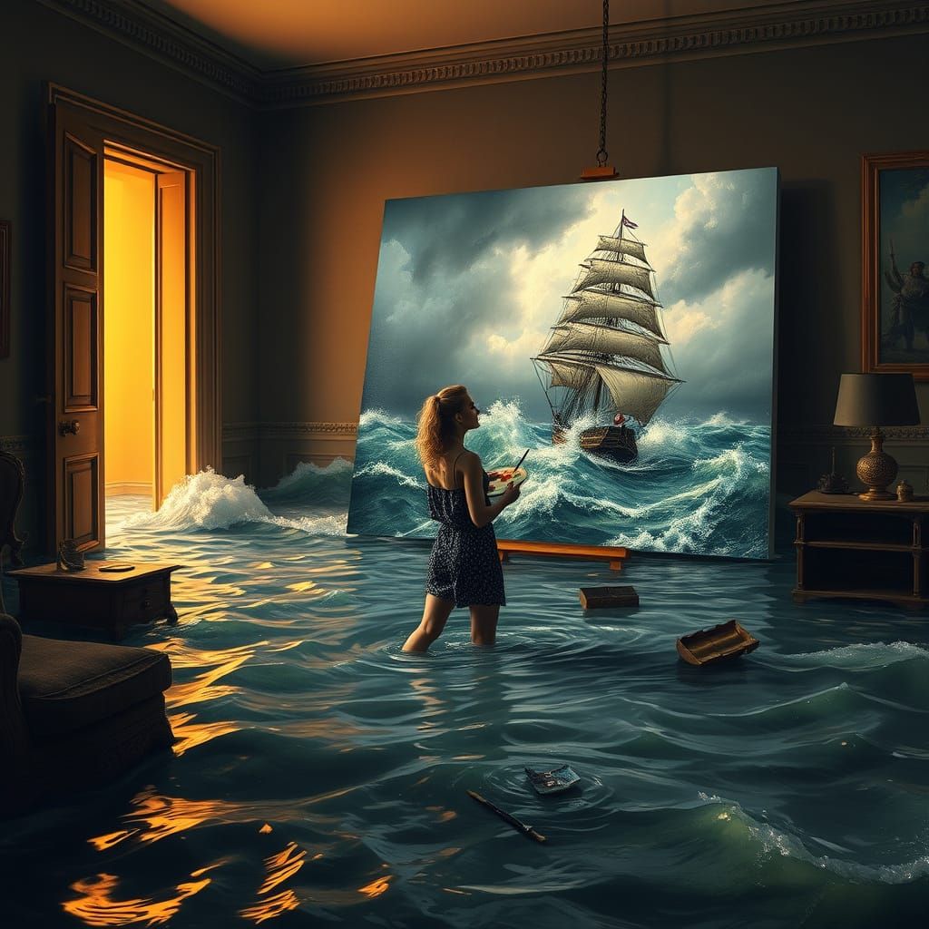 Surrealistic Digital Art of a Painter in a Flooded Room