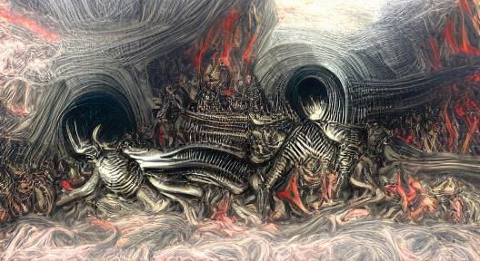 Infernal Landscape in Beksinski-Giger Style