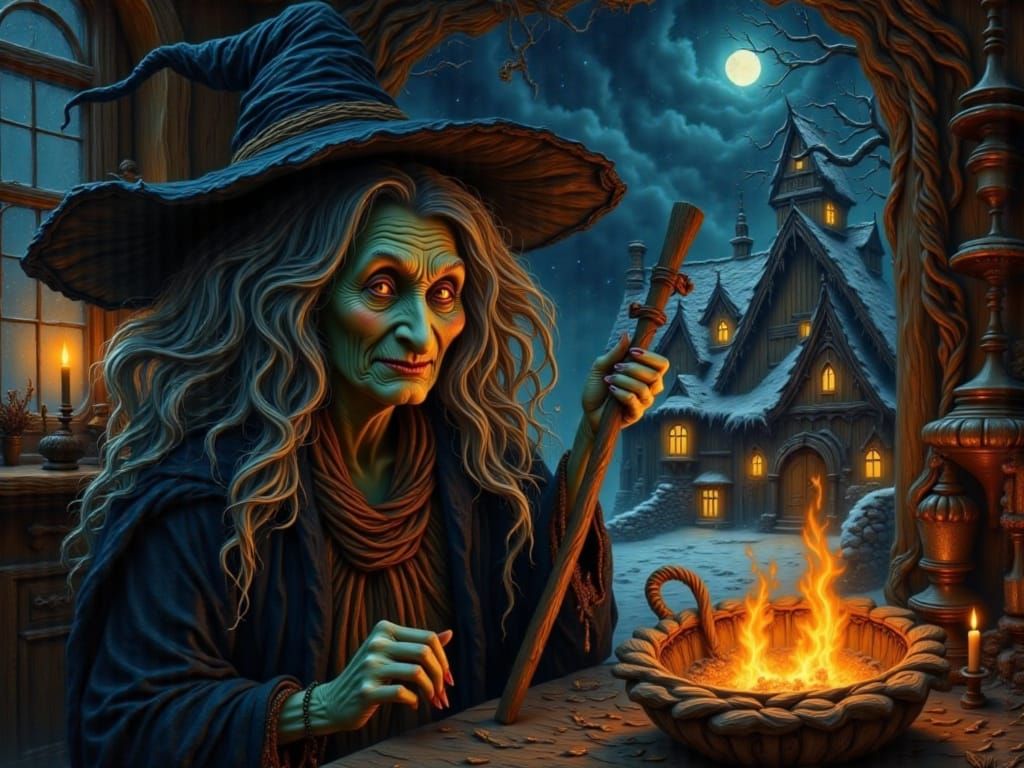Wise Old Witch in Cozy Cottage, Gothic Fairy Tale Style