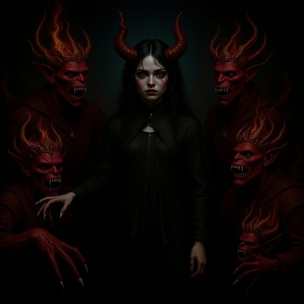 A young girl demon surrounded by several cackling demons with long claws, bloody red skin, and flaming crowns.