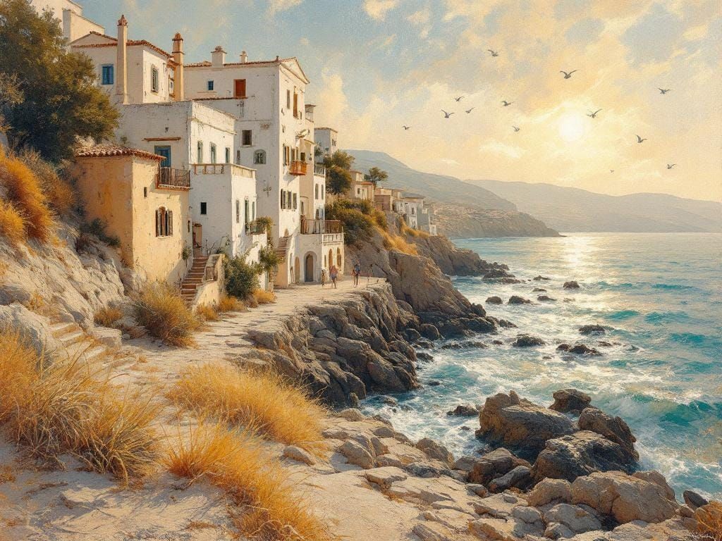 Mediterranean Village Seascape in Impressionist Style