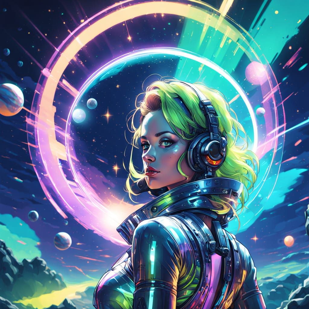 Female Space Cadet Floating on Saturn Rings