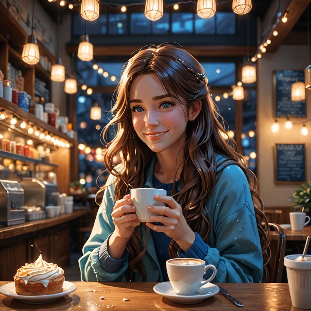 Woman Sipping Coffee in Cozy Anime Pastry Shop