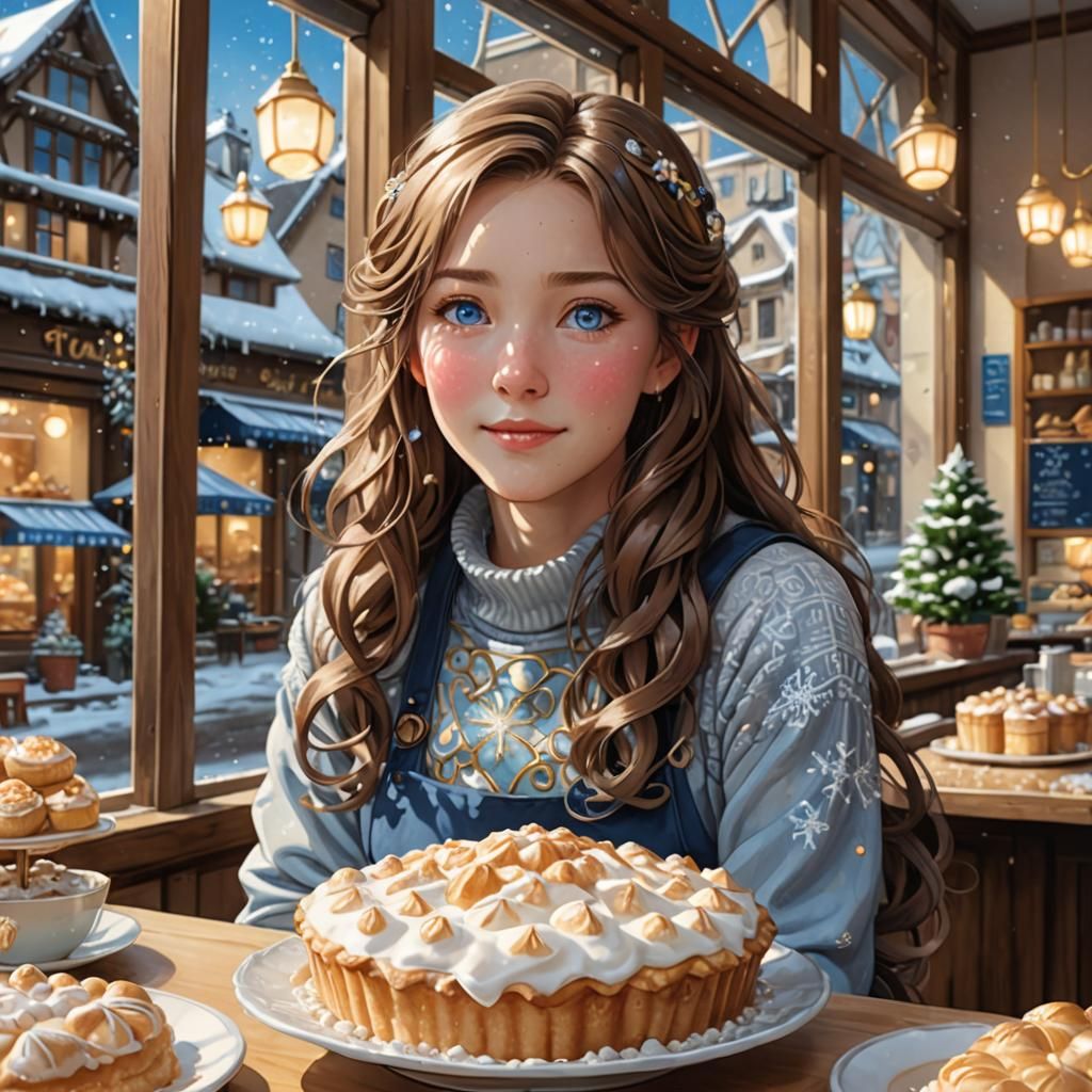 Anime Style Woman in Pastry Shop, Digital Painting