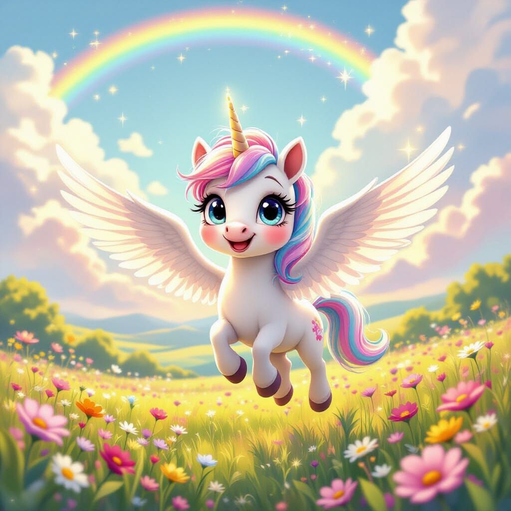Cartoon Unicorn Flying Over Colorful Meadow