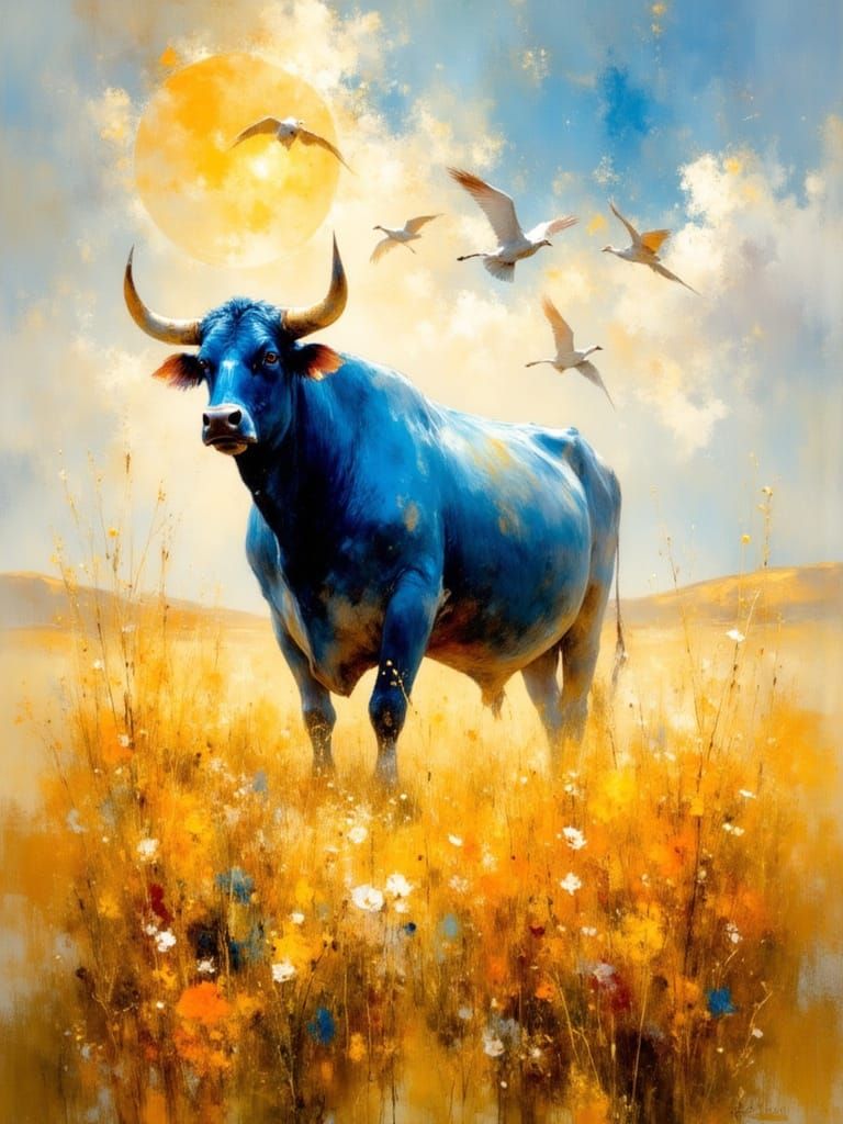 Blue Bull in Wheat Field: Impressionistic Style