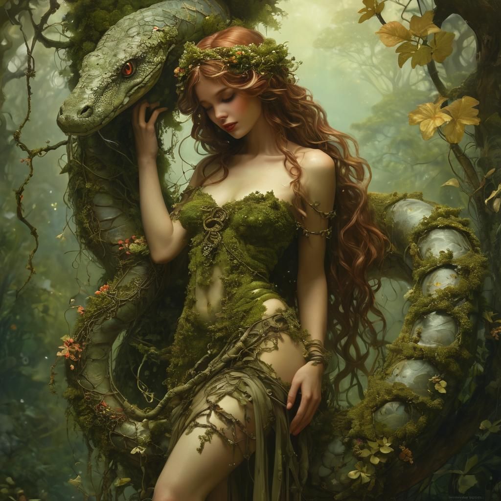 Eve Goddess Ensnared by Serpent in Eden's Lush Paradise