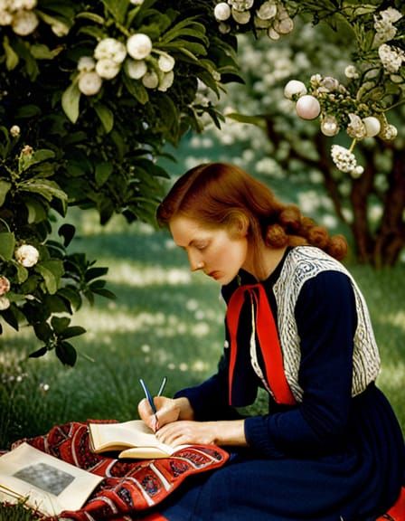 Virginia Woolf Writing, Hyperrealistic 1930s Photo