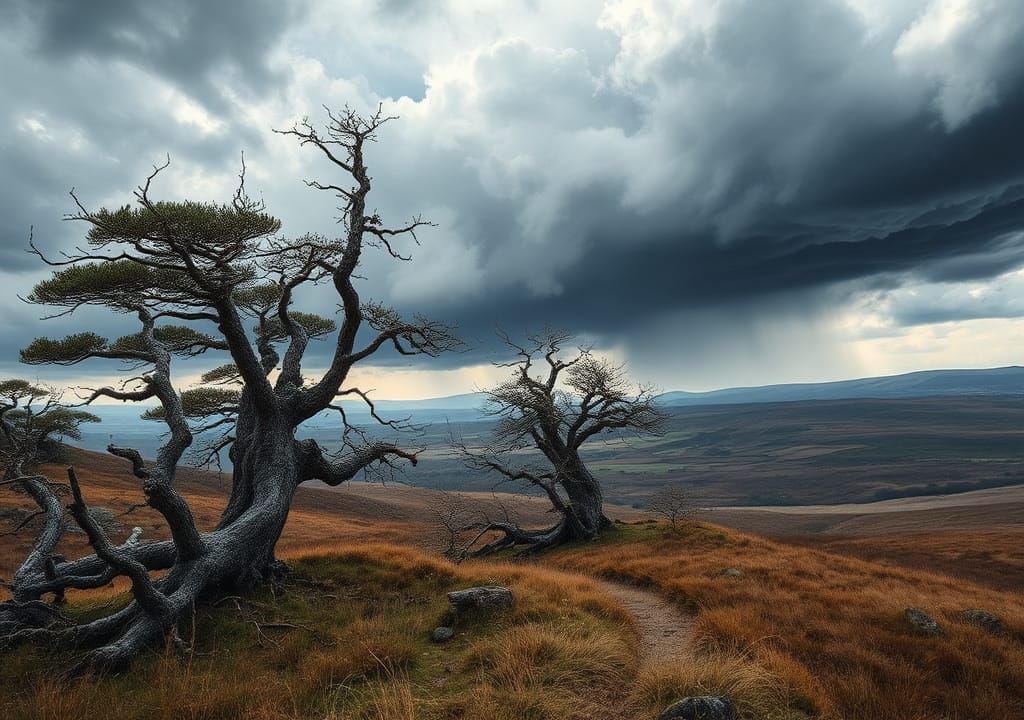 Storm Sweeping Across Windswept Moorland Landscape
