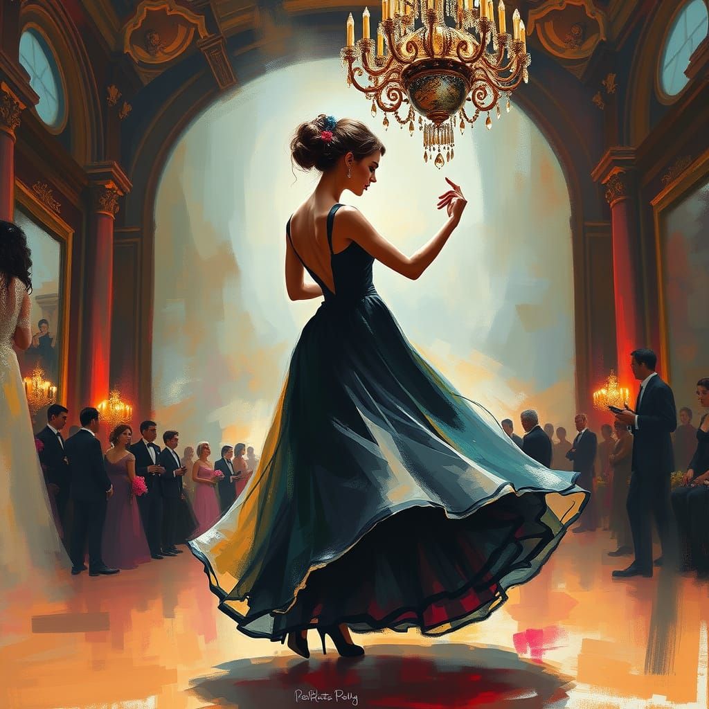 Victorian Woman Waltzing in Opulent Ballroom