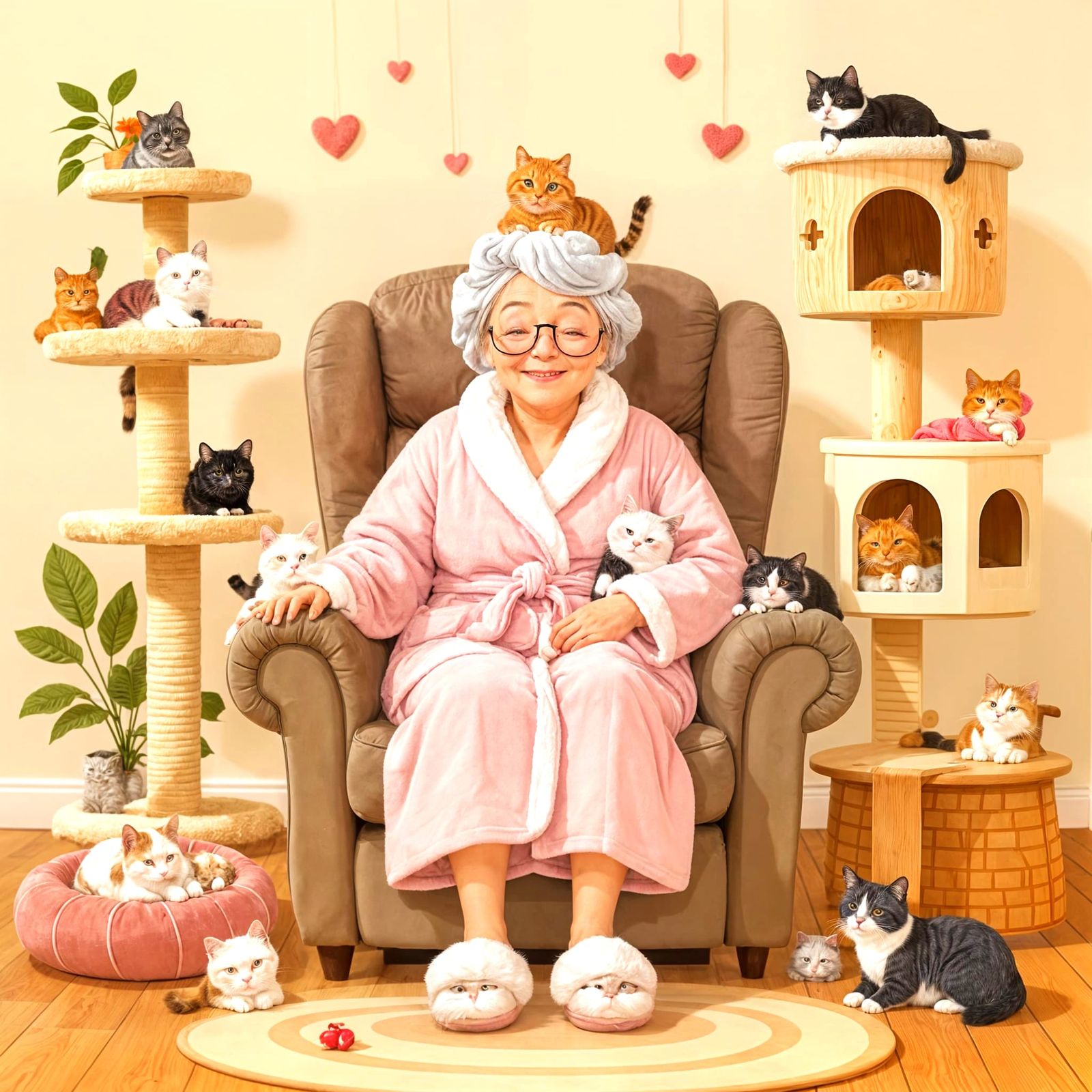 Happy Lady Surrounded by Cats in Cozy Room