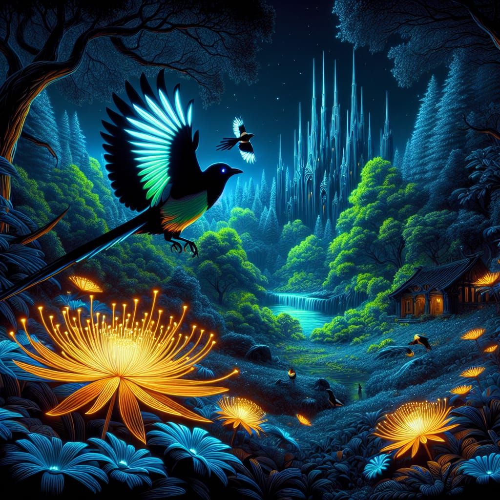 Bioluminescent Flower and Magpie Near Elvish Palace