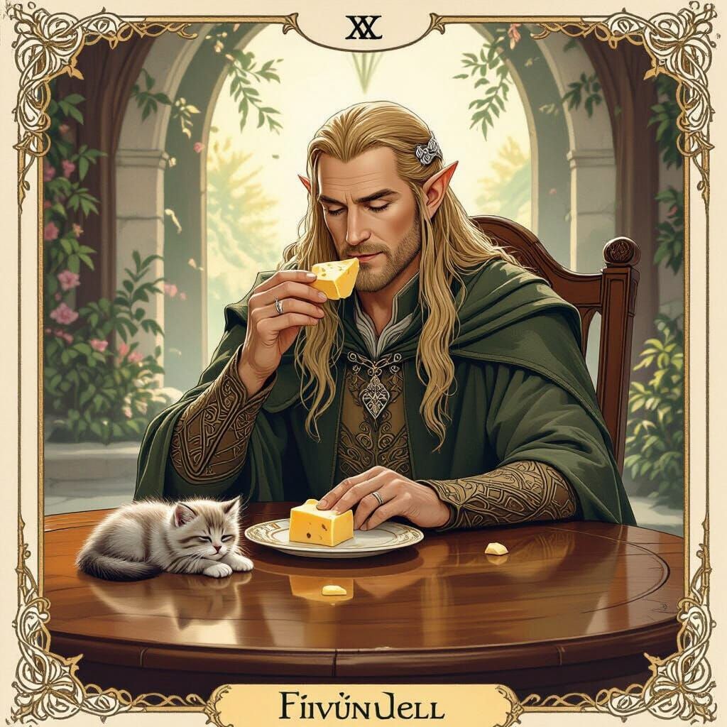 Elrond as Tarot Card in Rivendell with Kitten