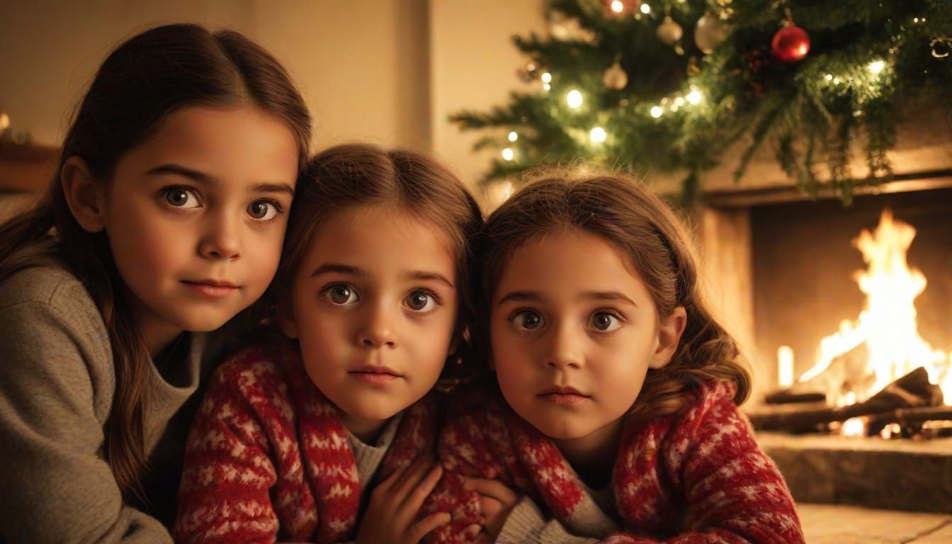 Children Hiding Behind Christmas Tree Looking at Fireplace