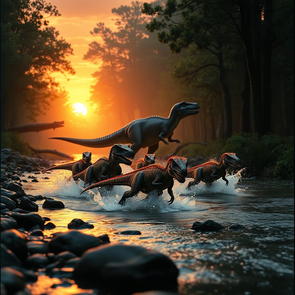 Dramatic Prehistoric Forest Scene with Velociraptors and T-R...
