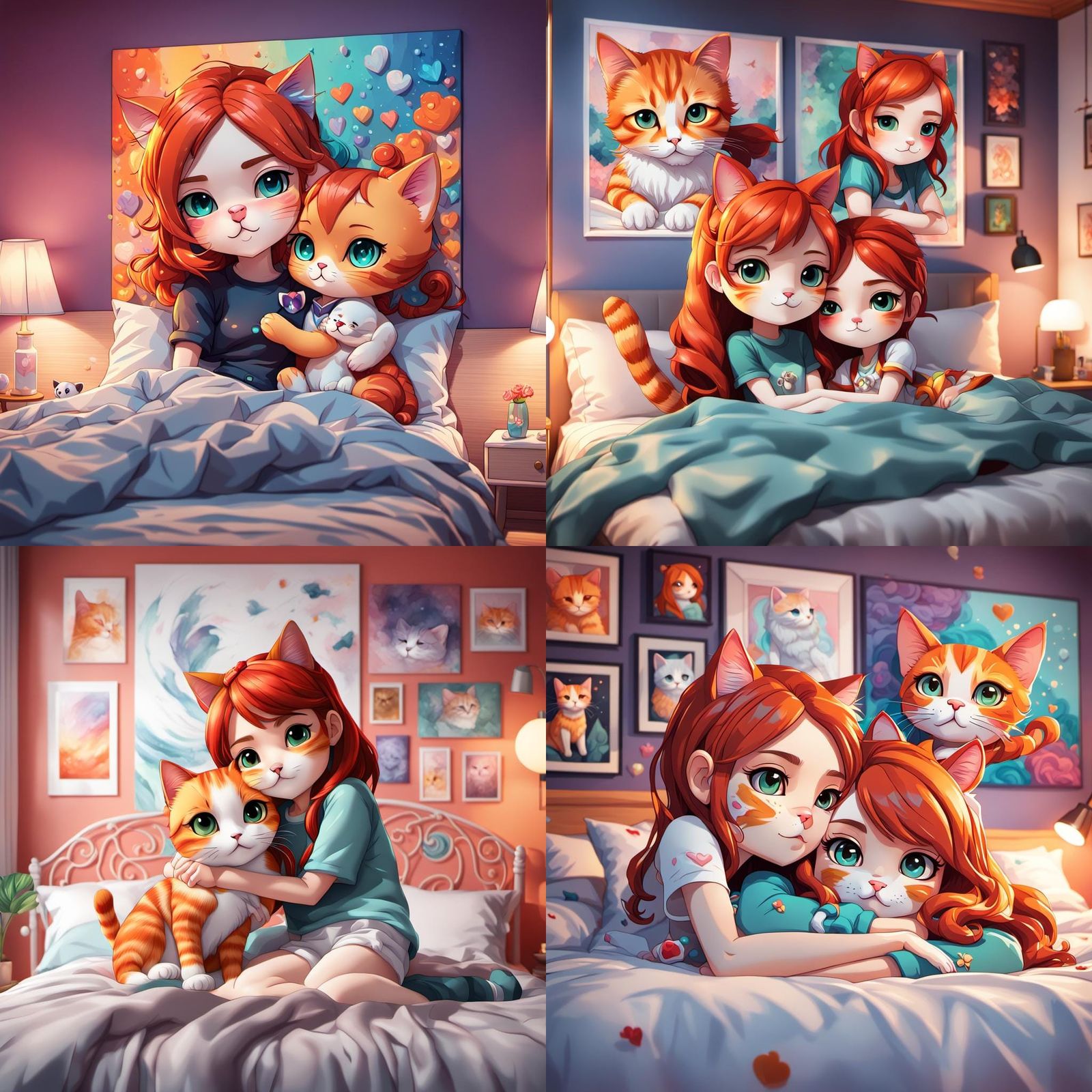 Chibi Cat and Girl Cuddle in Colorful Bedroom