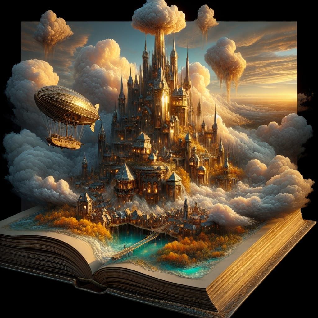 Cloud Village and Castle with Steampunk Airship