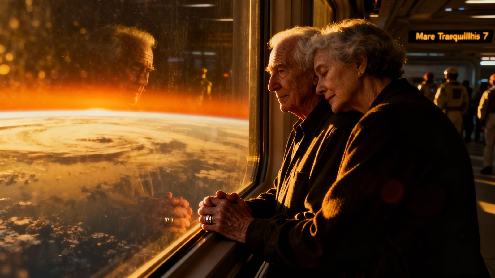 Elderly Couple Watches Earth's Last Sunset from Lunar Colony
