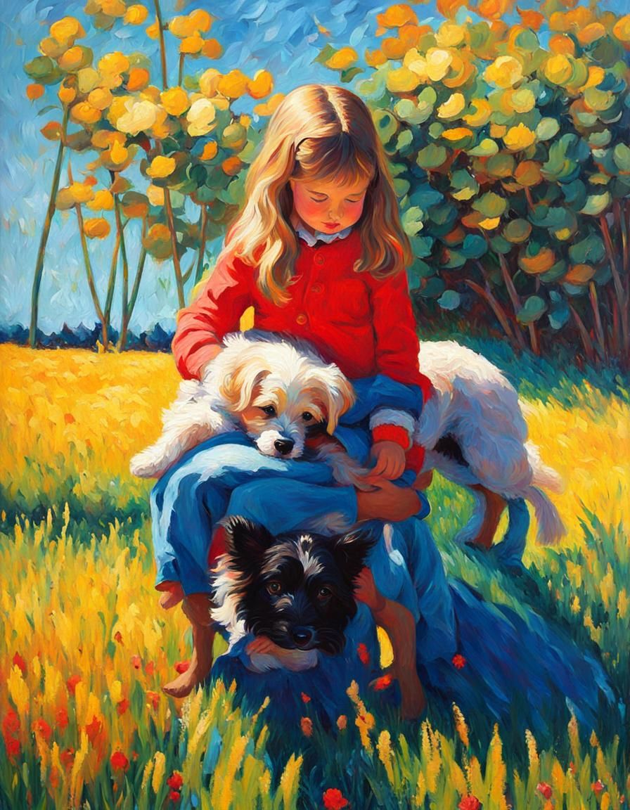Expressive Oil Painting of a Little Girl Hugging Her Dog in....