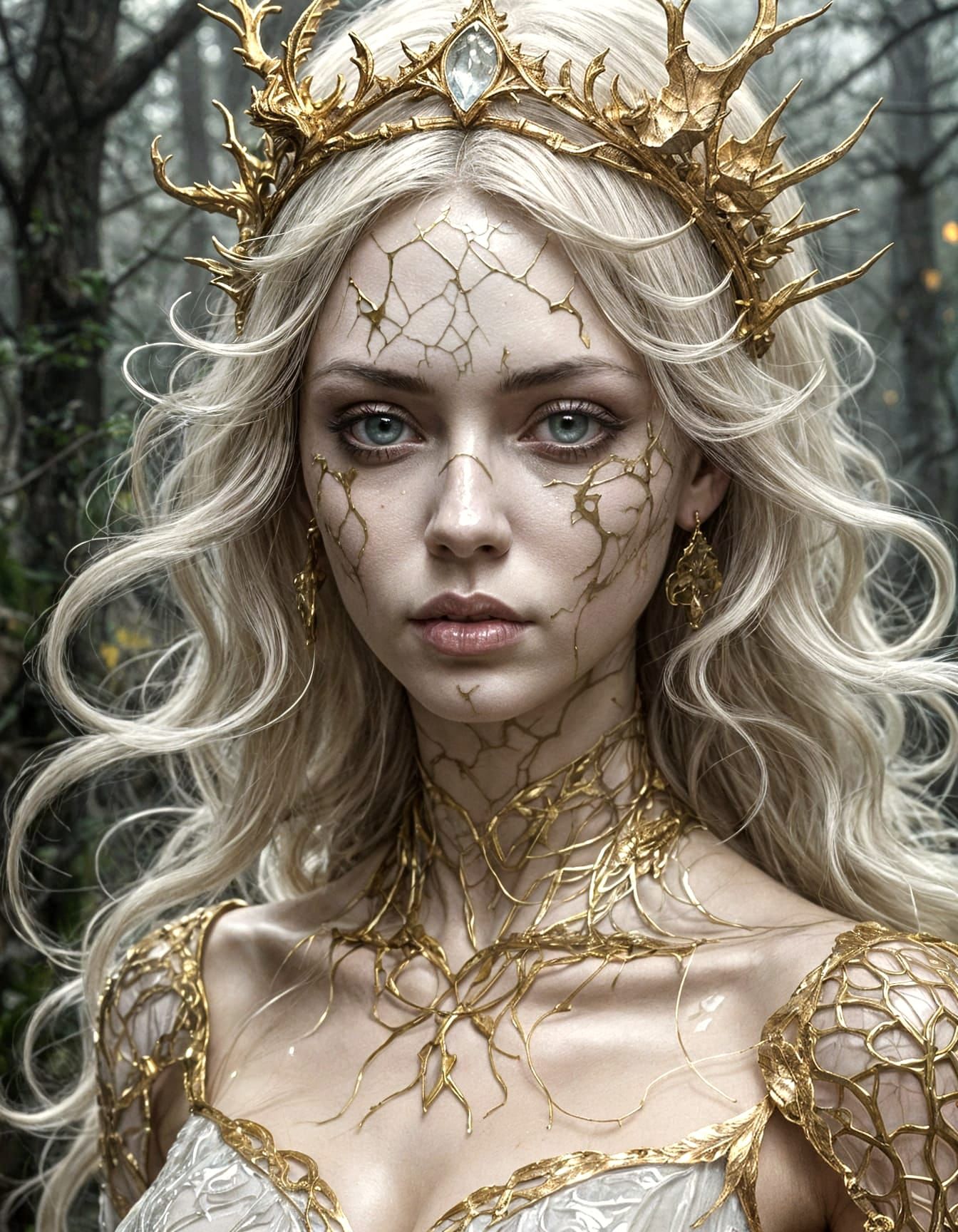 Ghostly Goddess with Gold Veins in Fantasy Forest